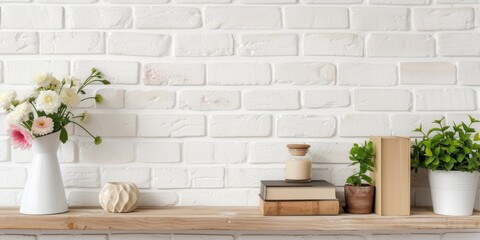 Nicely decorated wood shelf with potted plants, vase of flower, books and interior decor on white brick wall background with empty copy space for artwork, poster
