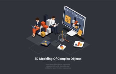 Concept Of 3D Modelling Of Complex Objects. Team In Process of Creating 3D Objects Using Specialized Software And Laptop. Seo Analysis Concept With Floating Elements. Isometric 3d Vector Illustration