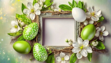 Wielkanocne zielono-białe tło z pisankami, kwiatami i ramką z miejscem na tekst