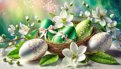 Wielkanocne tło z zielonymi i białymi pisankami w koszyku i kwiatami