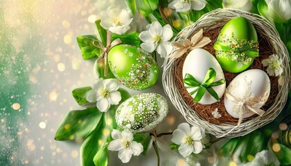Wielkanocne tło z zielonymi i białymi pisankami w koszyku i kwiatami - obrazy, fototapety, plakaty