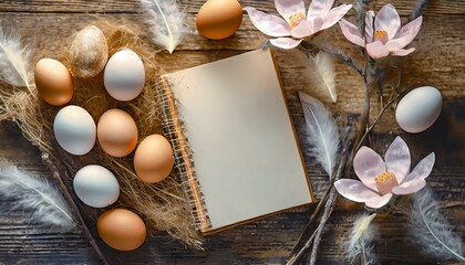 Wielkanocne, naturalne tło z jajkami, kwitnącymi gałązkami magnolii i notatnikiem - obrazy, fototapety, plakaty