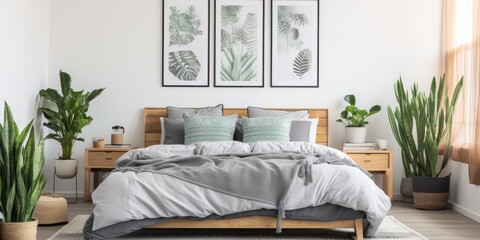 Grey-themed bedroom with plants, posters, and a patterned blanket on a wooden bed. Real image.