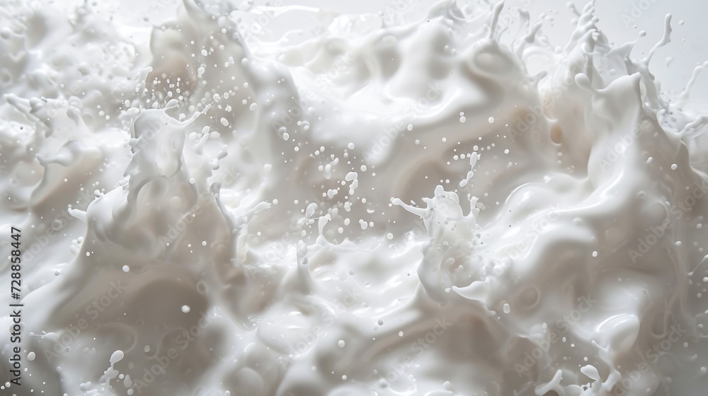 Poster a close up of milk being poured on top of a white tablecloth with drops of water on the top of the i