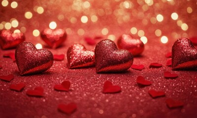 Sparkling hearts on a red background. heart shaped bokeh. Valentine's Day