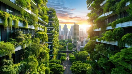 Obraz premium sustainable cityscape with green buildings and urban gardens, illustrating eco-friendly urban planning on Earth Day
