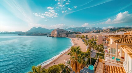 Scenic view of the beautiful town of Albir, featuring the main boulevard promenade, seaside beach, and the Mediterranean Sea - obrazy, fototapety, plakaty