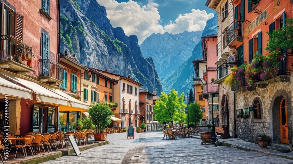 Poster a painting of a cobblestone street with tables and chairs on either side of the street and a mountai