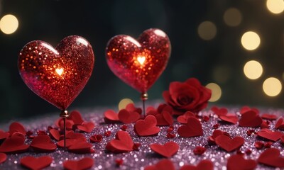 Sparkling hearts on a red background. heart shaped bokeh. Valentine's Day