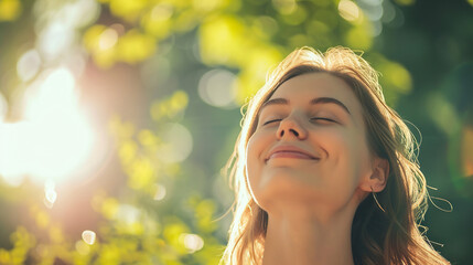Fototapeta premium Happy beautiful smiling young woman enjoying fresh air outdoor