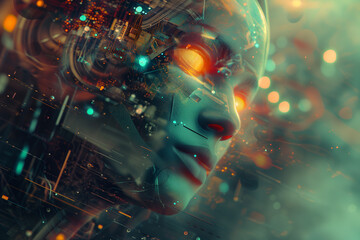 3D abstract web of neural networks futuristic tech background. Artificial intelligence and machine learning concept. Robotic human face.