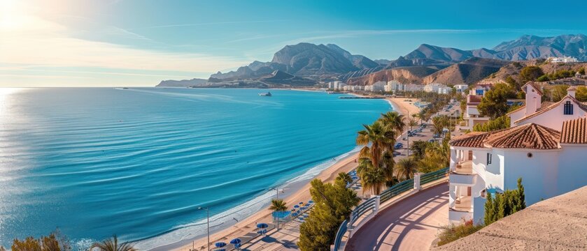 Scenic view of the beautiful town of Albir, featuring the main boulevard promenade, seaside beach, and the Mediterranean Sea