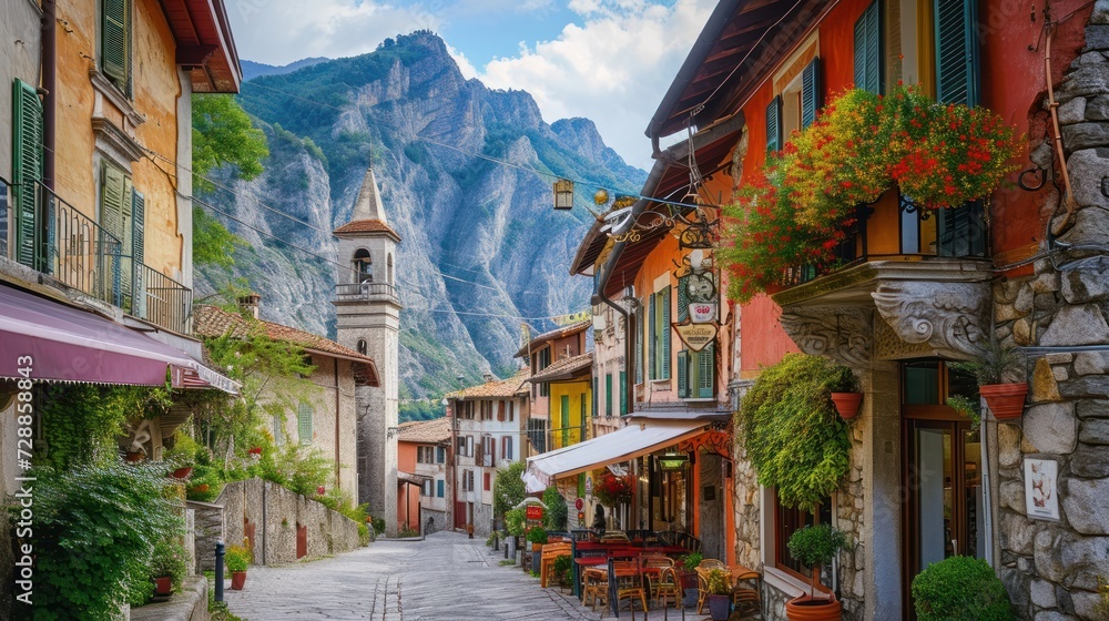 Aufkleber a cobblestone street with tables and chairs in front of a building with a steeple in the background 