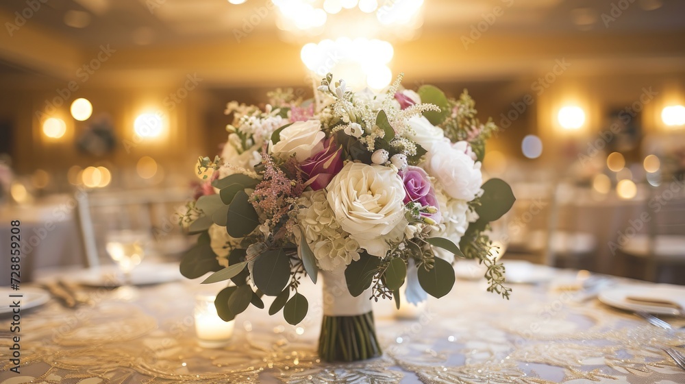 Poster a bouquet of flowers sitting on top of a table in front of a table with a white table cloth and a li