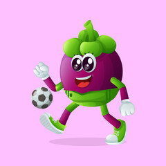 Cute mangosteen character playing soccer
