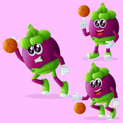 Cute mangosteen characters playing basketball