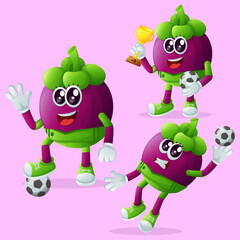 Cute mangosteen characters playing soccer