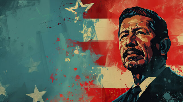 close up C&eacute;sar Ch&aacute;vez on abstract USA flag background with copy space - AI Generated Abstract Art 