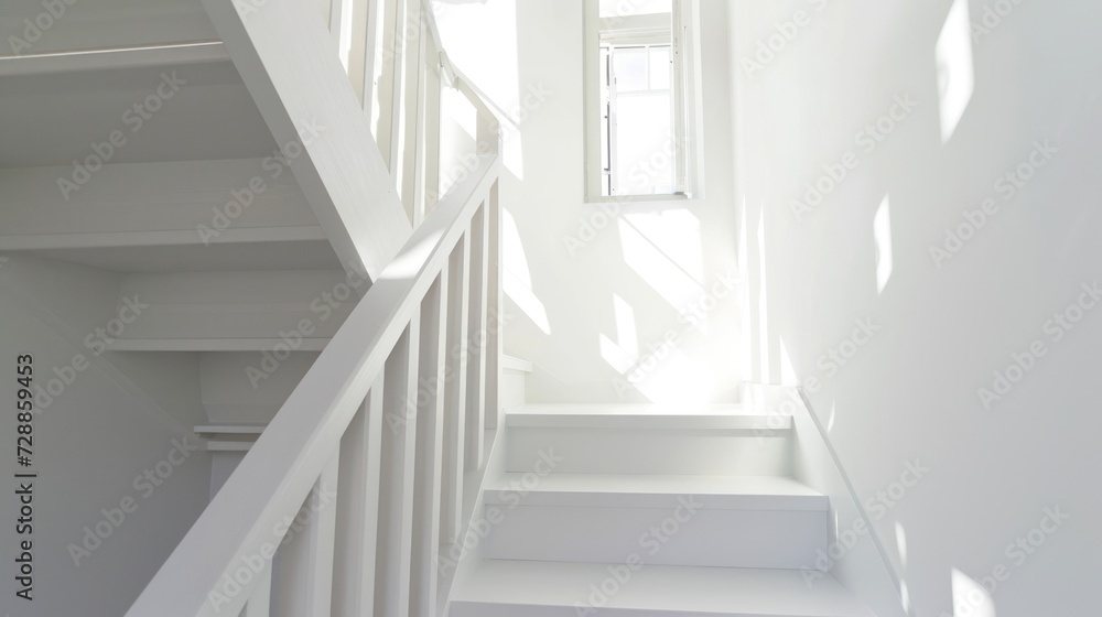 Poster a white staircase leading up to a window in a room with white walls and a window sill on one side of