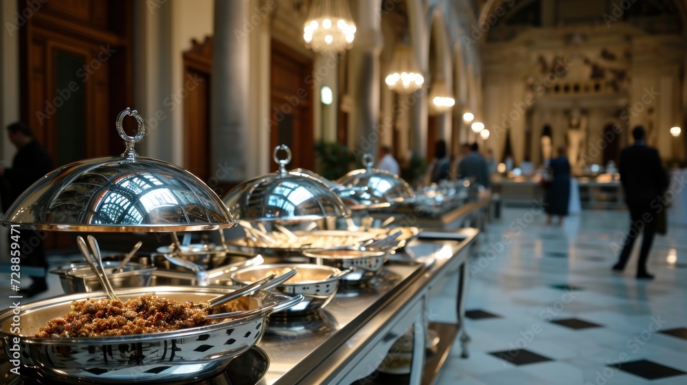 Poster a buffet table with a variety of food on top of it and people in the background walking through the 