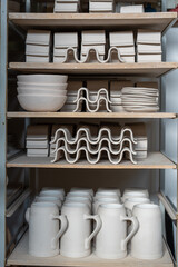 Fototapeta na wymiar Handmade ceramic in the ceramist's workshop. Stoneware plates, vases and bowls on the shelf