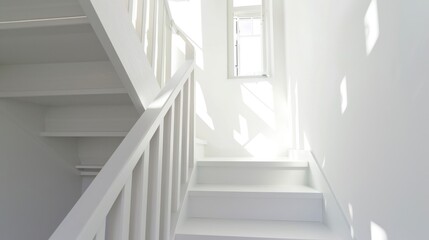  a white staircase leading up to a window in a room with white walls and a window sill on one side of the staircase, and a window on the other side of the.