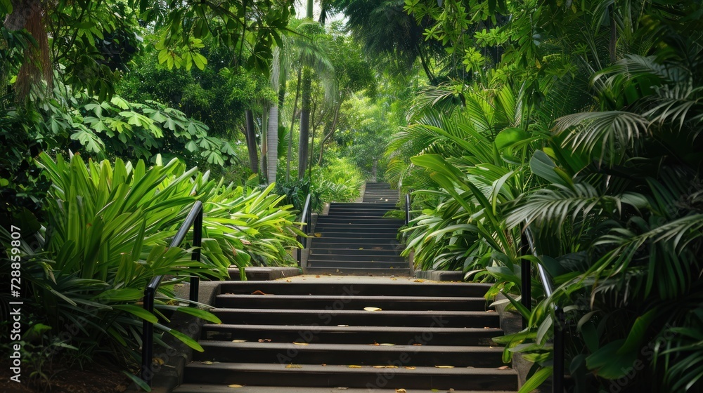 Poster a set of steps that lead up to a lush green forest filled with palm trees and tall, leafy, evergreen