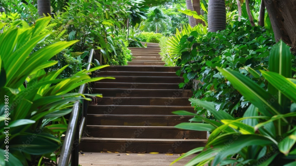 Poster a set of steps that lead up to a lush green area with lots of trees and plants on either side of the
