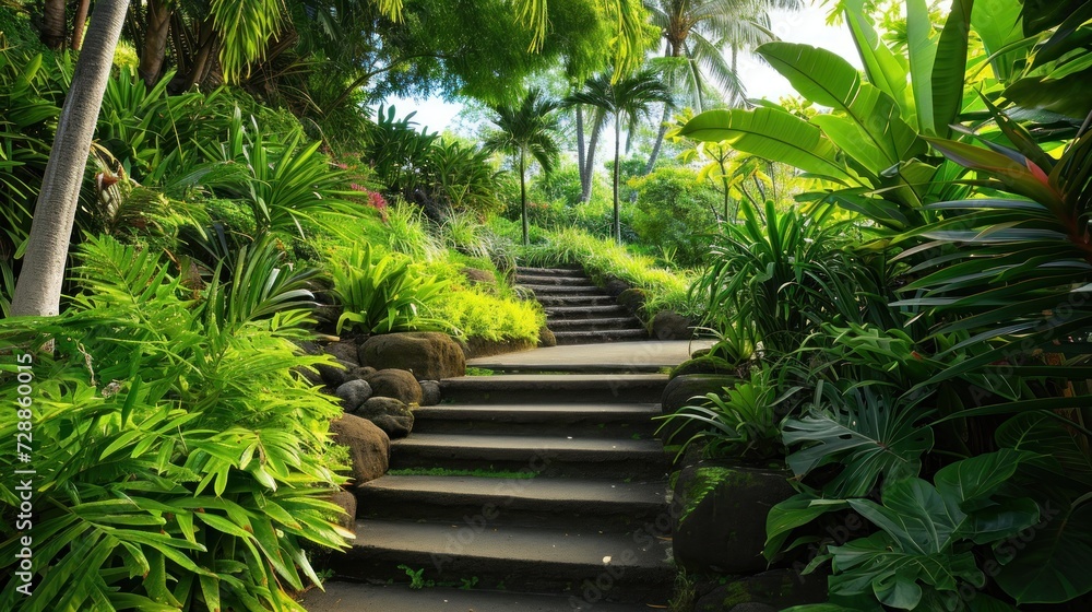 Poster a set of steps that lead up to a lush green area with lots of trees and plants on either side of the