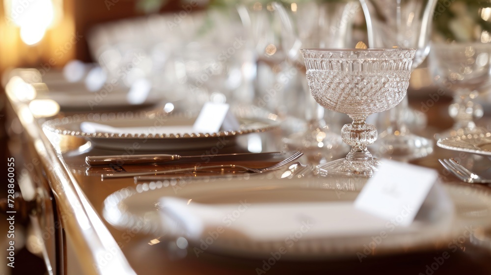 Poster a table set for a formal dinner with place settings and place cards on the place settings and place 