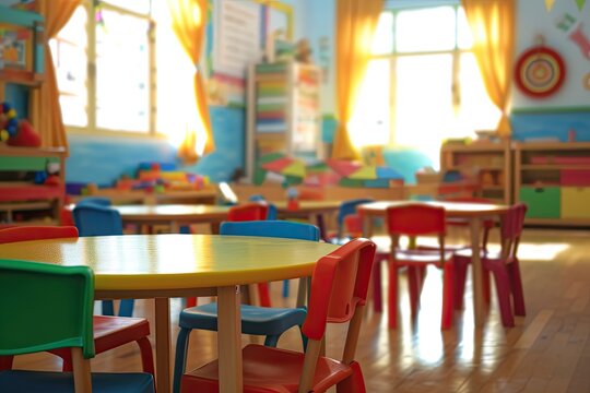 Background of a kindergarten classroom for children or nursery kids with a blurred preschool or daycare atmosphere