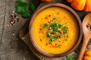 Autumn s fresh and healthy homemade pumpkin soup with parsley chili pepper wooden spoon chili mill on rustic table top view