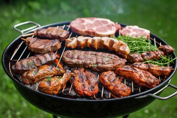 Assorted meats on grassy BBQ grill