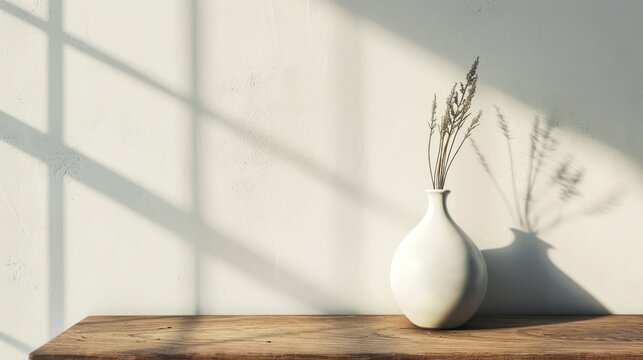  a white vase sitting on top of a wooden table next to a shadow of a plant in a white vase on top of a wooden table next to a white wall.