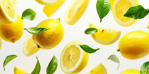 Juicy ripe flying yellow lemons with green background
