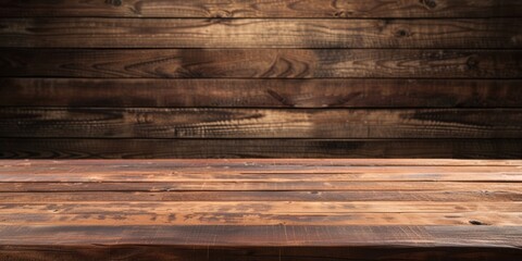 Wooden table with wooden wall background. Table top with copy space for product advertising - obrazy, fototapety, plakaty