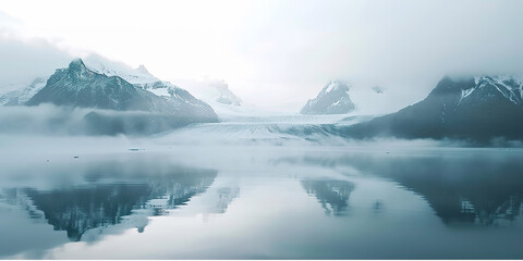 Lake panorama in a foggy morning with glaciers - obrazy, fototapety, plakaty