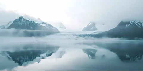 Foto op Canvas Lake panorama in a foggy morning with glaciers © shobakhul