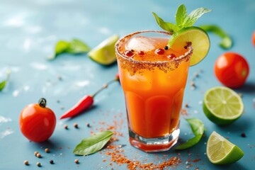 Fototapeta premium Beer lime juice hot sauce salted rim and tomato juice in a homemade michelada cocktail on a blue backdrop