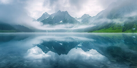 Lake panorama in a foggy morning with glaciers - obrazy, fototapety, plakaty