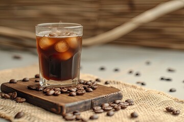 Beige table holding wooden board cold brew and coffee beans