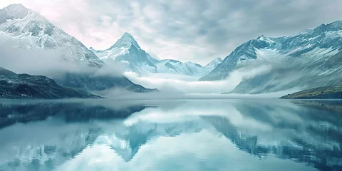 Foto op Aluminium Lake panorama in a foggy morning with glaciers © shobakhul