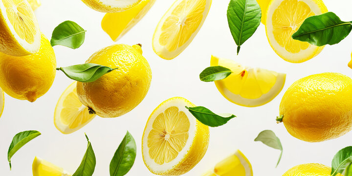 Juicy ripe flying yellow lemons with green background