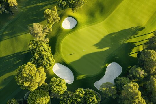 Bird s eye perspective of golf course with fairway green sand traps trees and golfers