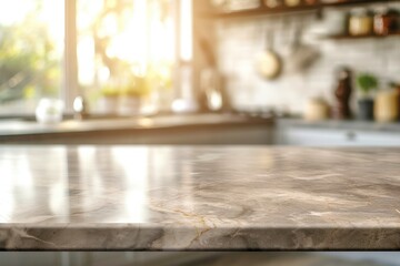 Blurred kitchen bench background with empty marble stone table top - obrazy, fototapety, plakaty
