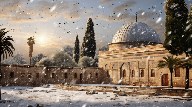 Beautiful picture of Al-Aqsa mosque in winter.