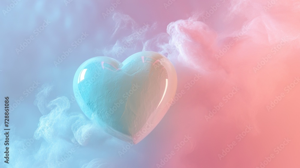 Poster a heart - shaped balloon floating in the air in front of a pink and blue background with clouds in t