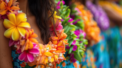 Naklejka premium close up hawaiian lei beads with vibrant colors for lei day background - AI Generated Abstract Art
