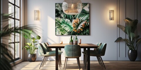 Contemporary dining room with a shared table, chairs, pendant lamp, artwork, and elegant accessories. Tropical leaves in a vase. Eclectic decor.