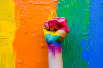 medium shoot Rainbow colors painted hand raised making fist sign over Rainbow colors background, LGBTTTQ pride symbol,